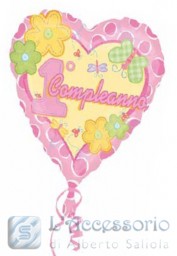 Palloncino in mylar 18 pollici 1°Compleanno rosa Cuore